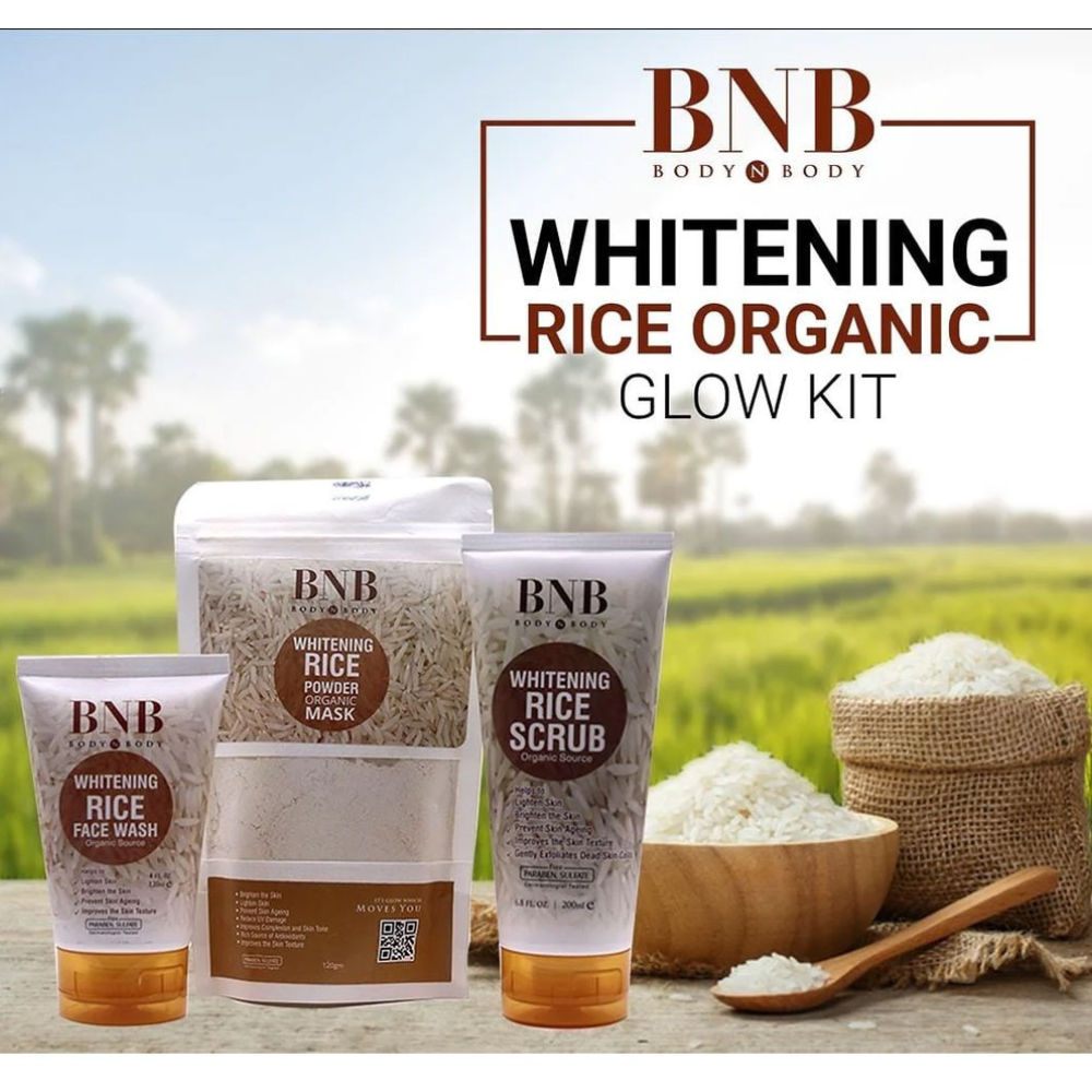 BNB Whitening Rice Glow Kit  Organic Rice Face Wash, Scrub & Mask